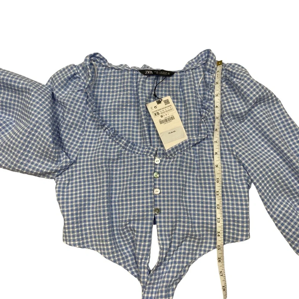 NWT ZARA Blue White Gingham Coquette Long Puff Sleeves Crop Top NWT XS